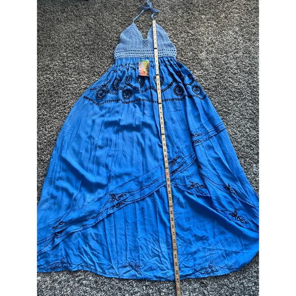 Boho Midi Dress Size Small Blue Embroidered Crochet Hi Low Beach Gypsy Festival - Picture 14 of 16
